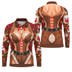 Reindeer Fur Lace Corset Christmas Golf Shirt, Golf Shirts For Men, Mens Golf Polo