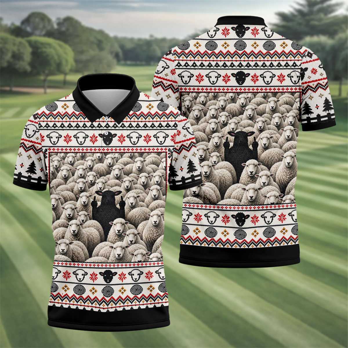 Black Sheep Fair Isle Christmas Golf Shirt, Mens Golf Polo, Mens Holiday Golf Shirts
