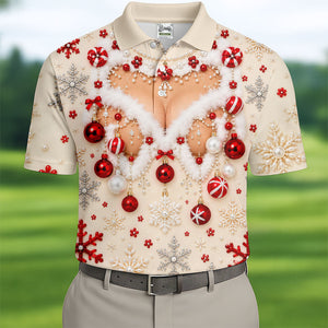 White Ornament Lace Bra Christmas Golf Shirt, Golf Polo For Men, Mens Golf Shirts