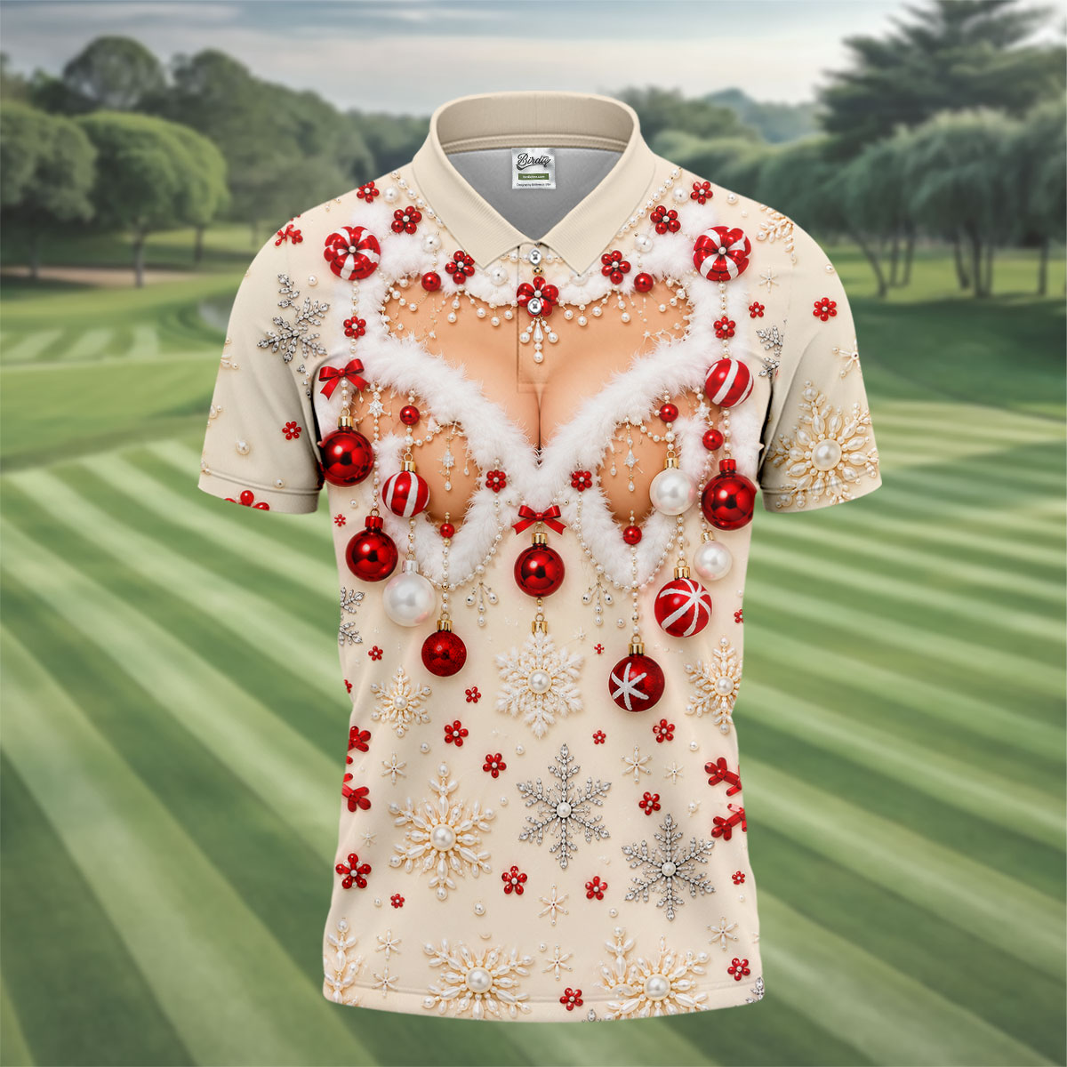 White Ornament Lace Bra Christmas Golf Shirt, Golf Polo For Men, Mens Golf Shirts