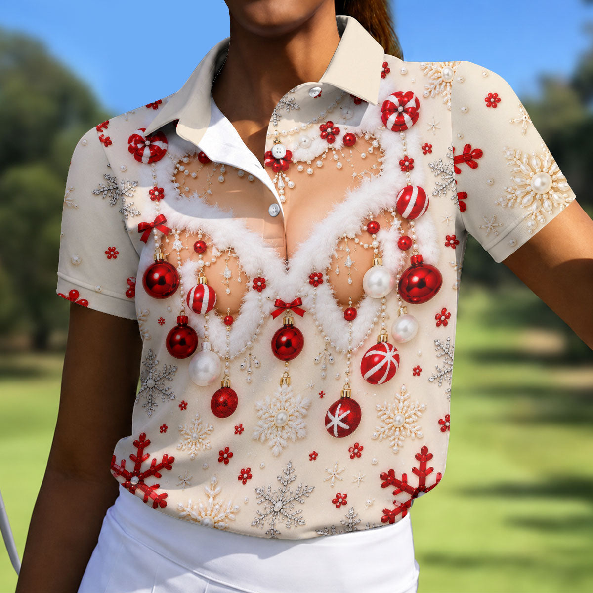 White Ornament Lace Christmas Golf Shirt, Golf Gifts For Women, Ladies Golf Apparel