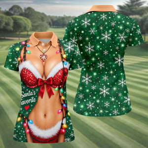 Santa's Favorite Bikini Christmas Golf Shirt, Ladies Golf Apparel, Ladies Golf Tops