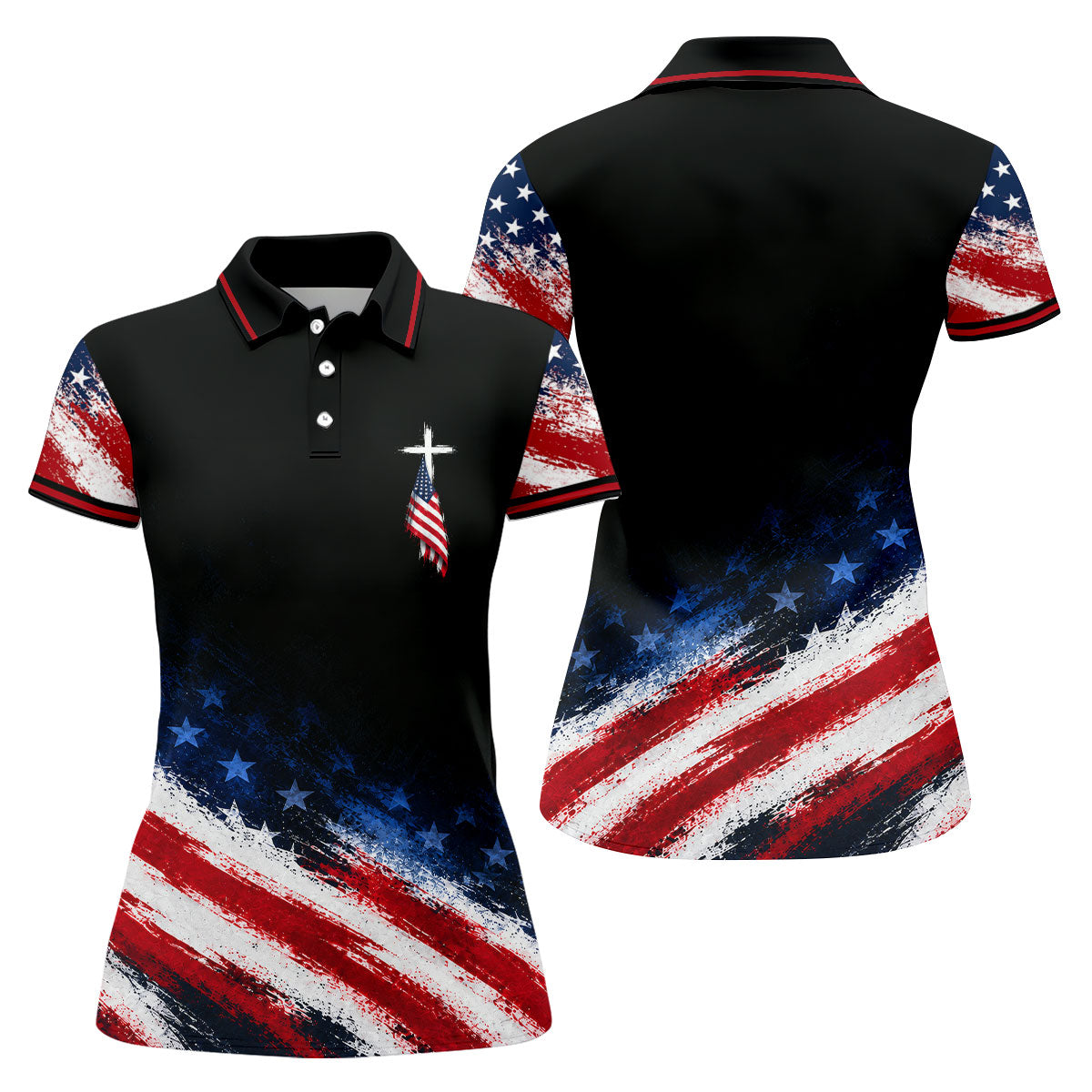 Veteran Cross USA Flag Golf Polo Shirt, Ladies Golf Shirts, Veterans Day Golf Shirt
