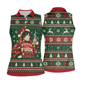 Festive Cat Lights Christmas Golf Shirt, Womens Golf Tops, Golf Shirts For Women