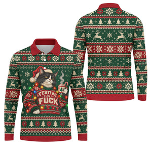 Festive Cat Lights Christmas Golf Shirt, Mens Golf Polo, Mens Holiday Golf Shirts