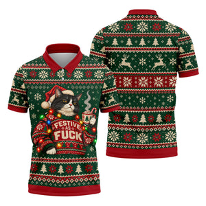 Festive Cat Lights Christmas Golf Shirt, Mens Golf Polo, Mens Holiday Golf Shirts