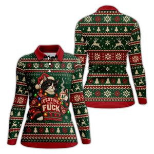 Festive Cat Lights Christmas Golf Shirt, Womens Golf Tops, Golf Shirts For Women