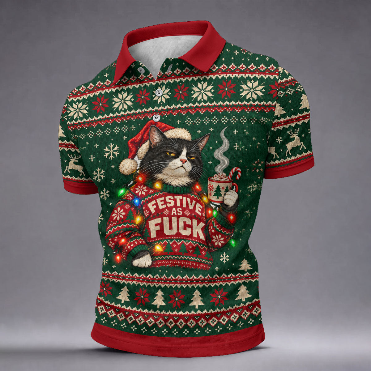 Festive Cat Lights Christmas Golf Shirt, Mens Golf Polo, Mens Holiday Golf Shirts