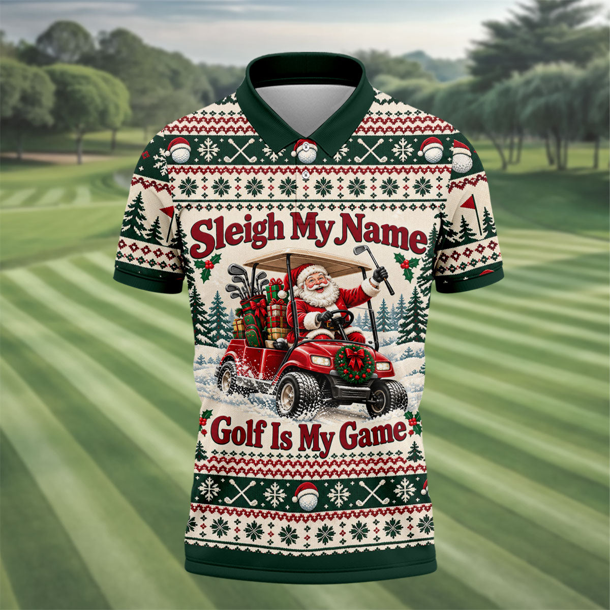 Sleigh My Name Golf Cart Christmas Golf Shirt, Mens Golf Polo, Mens Golf Apparel
