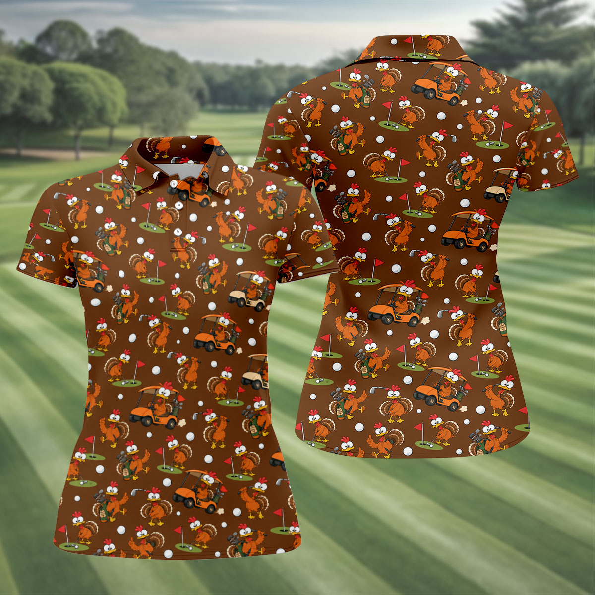 Golfgiving Turkey Cart Thanksgiving Golf Shirt, Womens Golf Tops, Ladies Golf Shirts