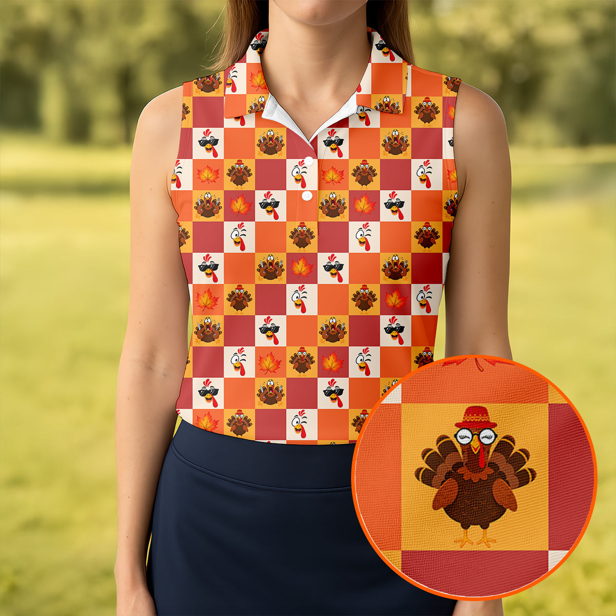 Thanksgiving Pumpkin Checker Turkey Golf Shirt, Womens Golf Tops, Ladies Golf Shirts