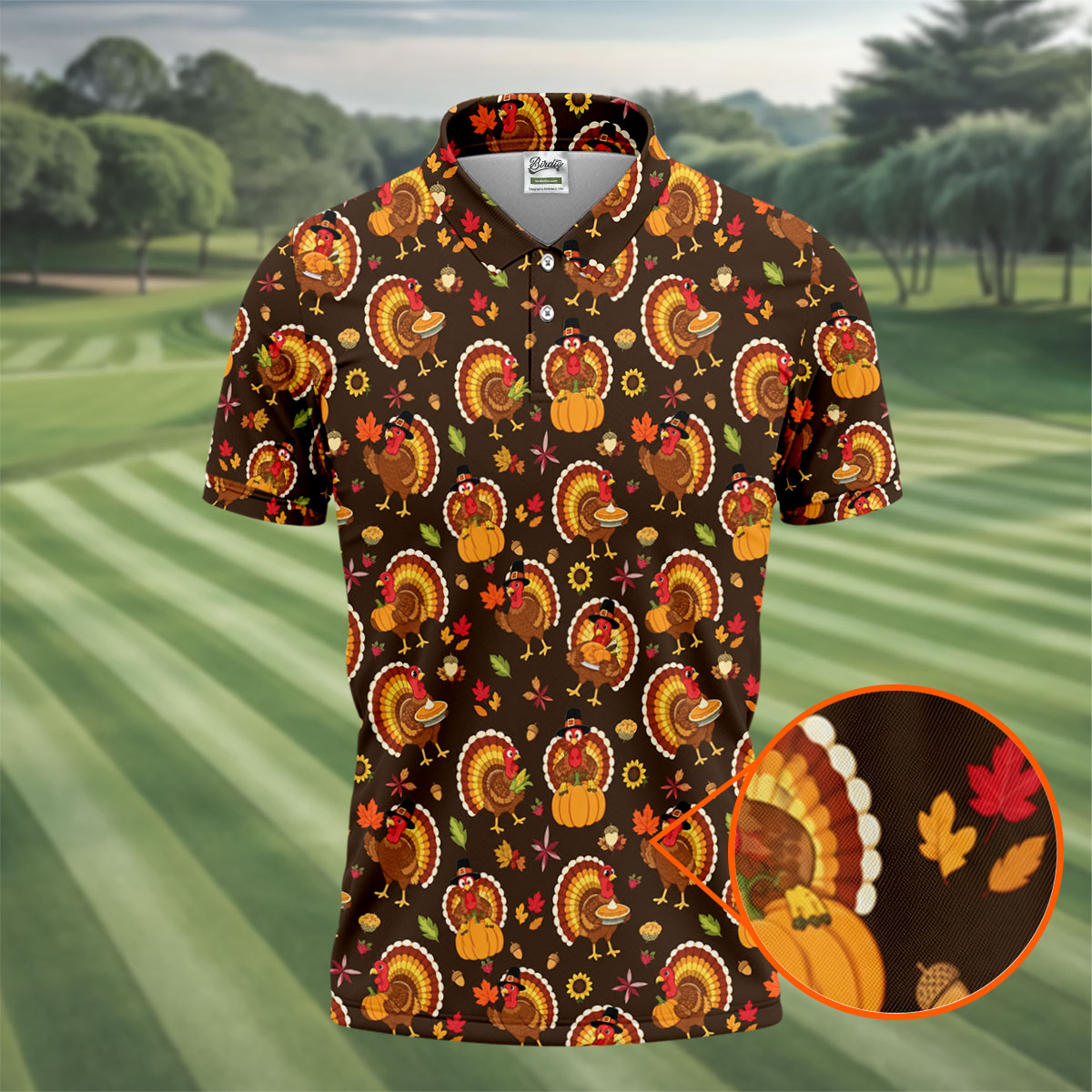 Thanksgiving Turkey Medallion Golf Shirt, Mens Golf Polo, Funny Mens Golf Shirts