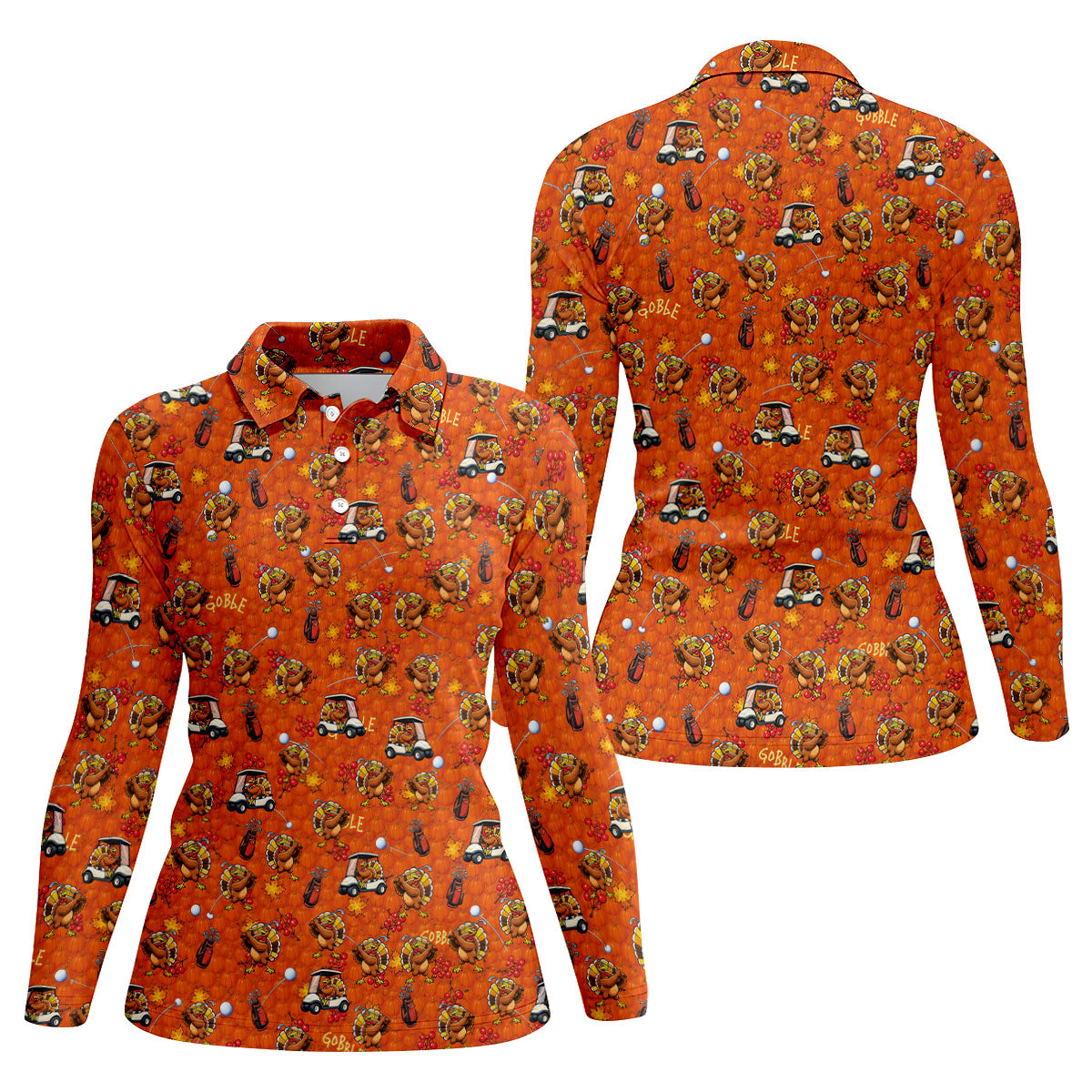Thanksgiving Cartoon Turkey Golf Shirt, Ladies Golf Shirts, Womens Golf Clothing