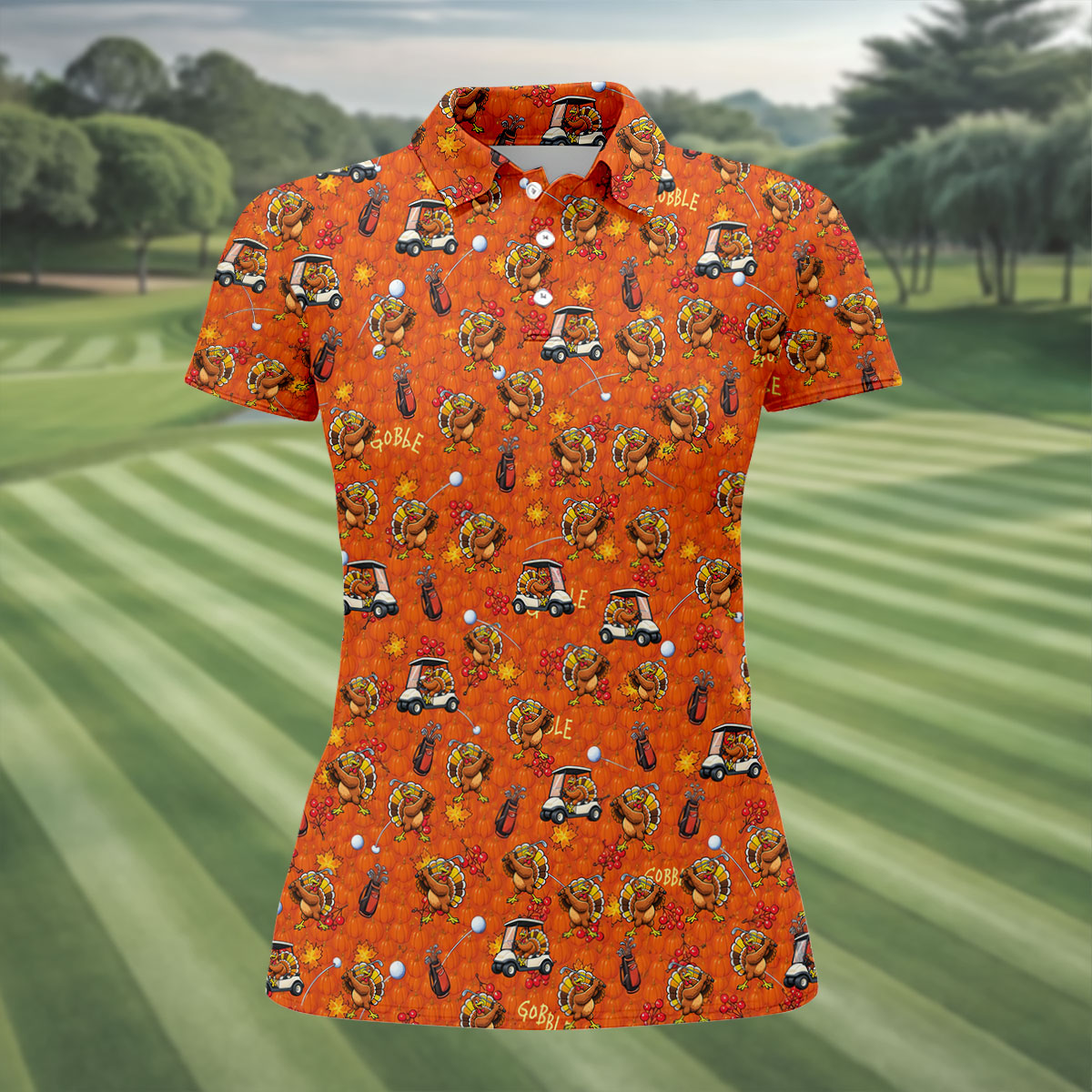Thanksgiving Cartoon Turkey Golf Shirt, Ladies Golf Shirts, Womens Golf Clothing
