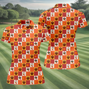 Thanksgiving Pumpkin Checker Turkey Golf Shirt, Womens Golf Tops, Ladies Golf Shirts