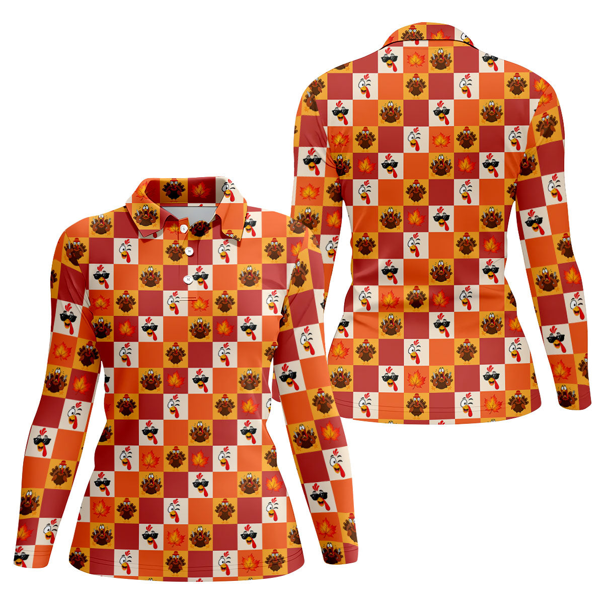 Thanksgiving Pumpkin Checker Turkey Golf Shirt, Womens Golf Tops, Ladies Golf Shirts