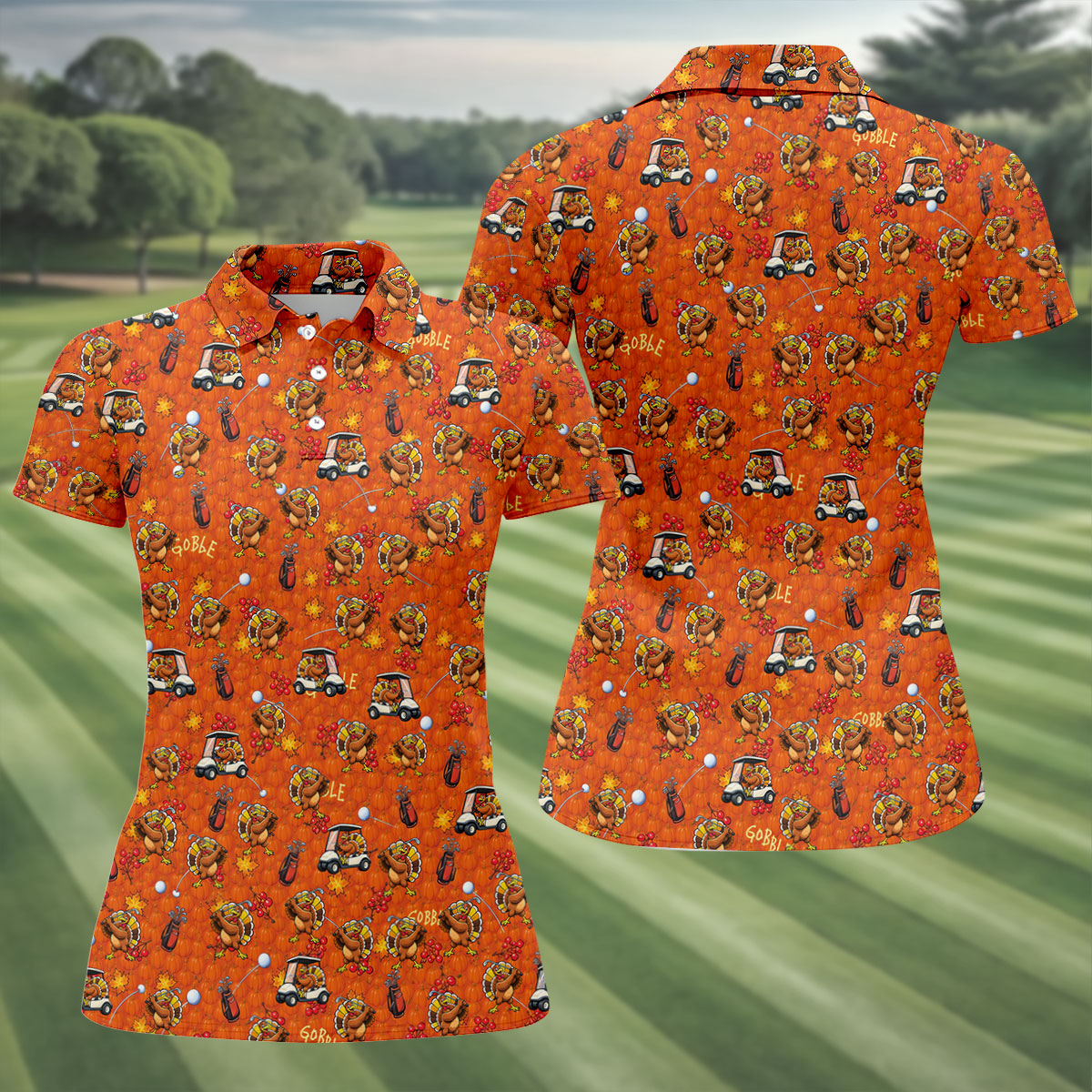 Thanksgiving Cartoon Turkey Golf Shirt, Ladies Golf Shirts, Womens Golf Clothing