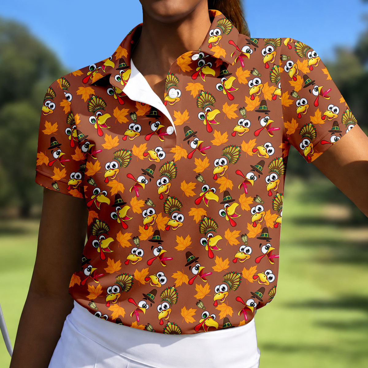 Thanksgiving Turkey Leaves Golf Shirt, Ladies Golf Shirts, Golf Shirts For Women