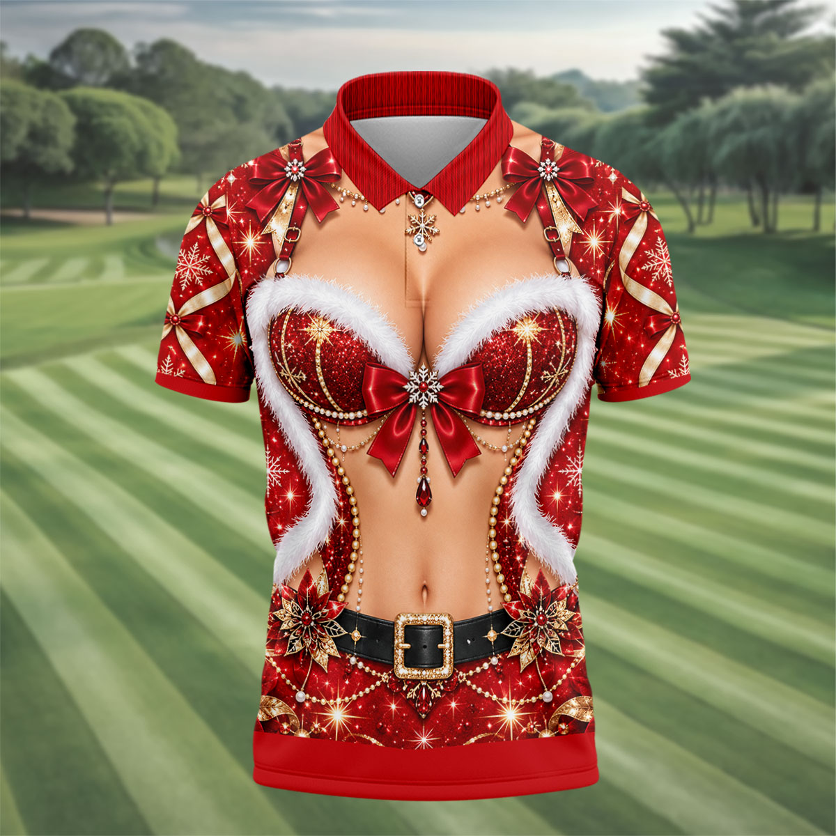 Glitter Santa Bra Fur Trim Christmas Golf Shirt, Mens Golf Shirts, Mens Golf Apparel
