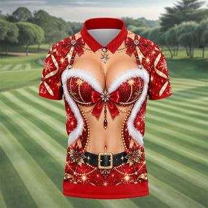 Glitter Santa Bra Fur Trim Christmas Golf Shirt, Mens Golf Shirts, Mens Golf Apparel
