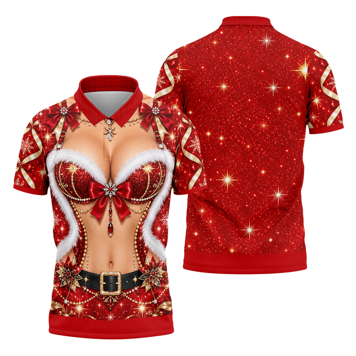 Glitter Santa Bra Fur Trim Christmas Golf Shirt, Mens Golf Shirts, Mens Golf Apparel