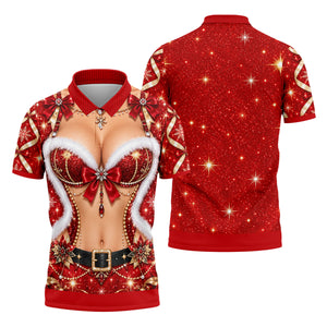 Glitter Santa Bra Fur Trim Christmas Golf Shirt, Mens Golf Shirts, Mens Golf Apparel