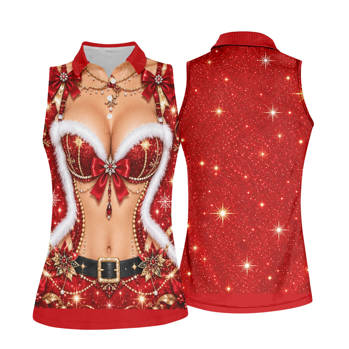 Glitter Santa Bra Fur Trim Christmas Golf Shirt, Ladies Golf Shirts, Womens Golf Tops