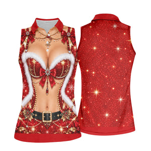 Glitter Santa Bra Fur Trim Christmas Golf Shirt, Ladies Golf Shirts, Womens Golf Tops