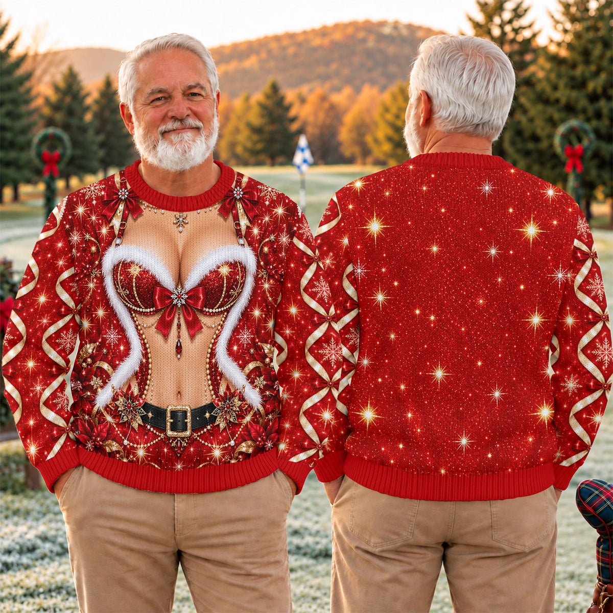 Glitter Santa Bra Fur Trim Ugly Christmas Sweater, Golf Lover Gifts, Funny Xmas Gift