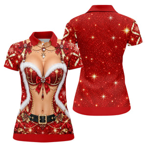 Glitter Santa Bra Fur Trim Christmas Golf Shirt, Ladies Golf Shirts, Womens Golf Tops
