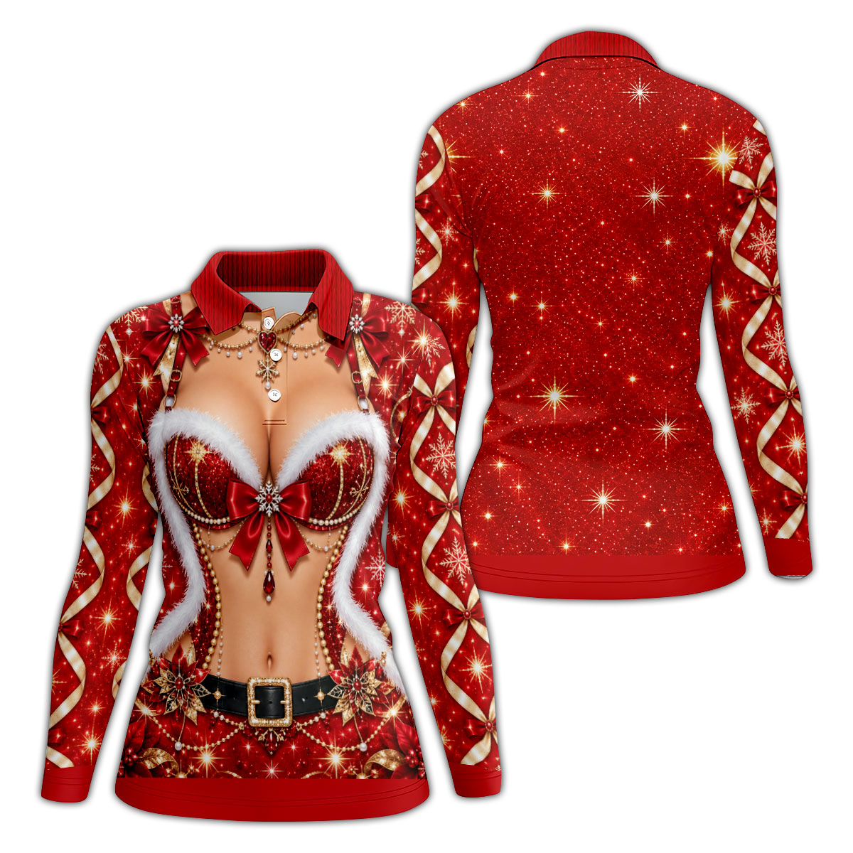 Glitter Santa Bra Fur Trim Christmas Golf Shirt, Ladies Golf Shirts, Womens Golf Tops