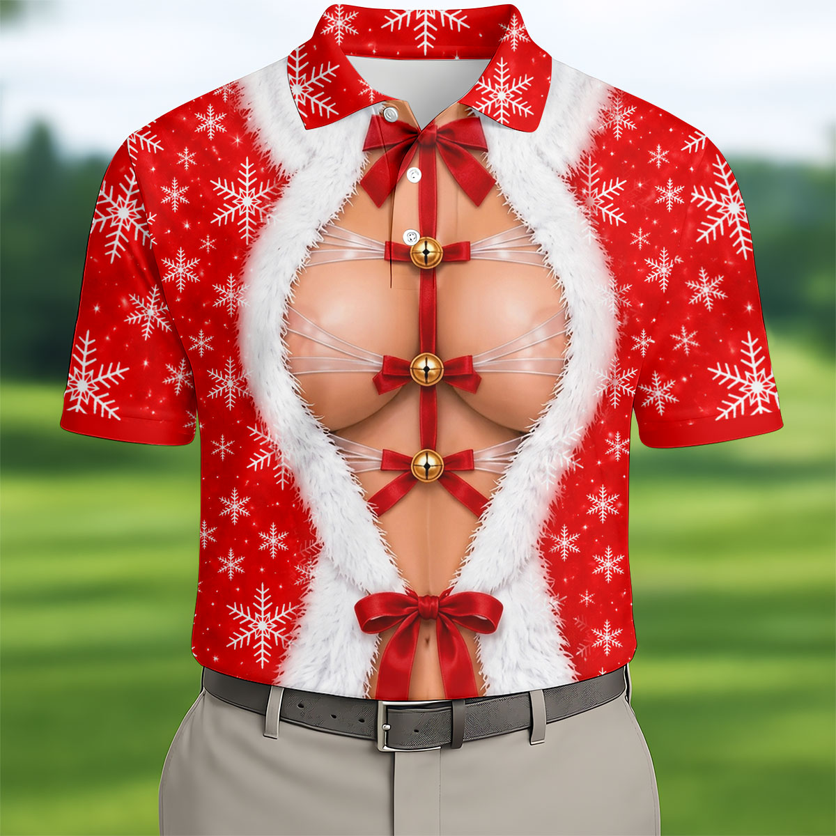 Ribbon Bells Busty Santa Christmas Golf Shirt, Mens Golf Polo, Funny Mens Golf Shirts