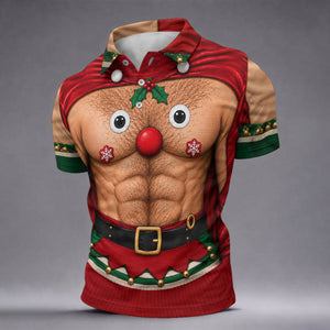 Reindeer Hairy Chest Abs Christmas Golf Shirt, Golf Shirts For Men, Mens Golf Shirts