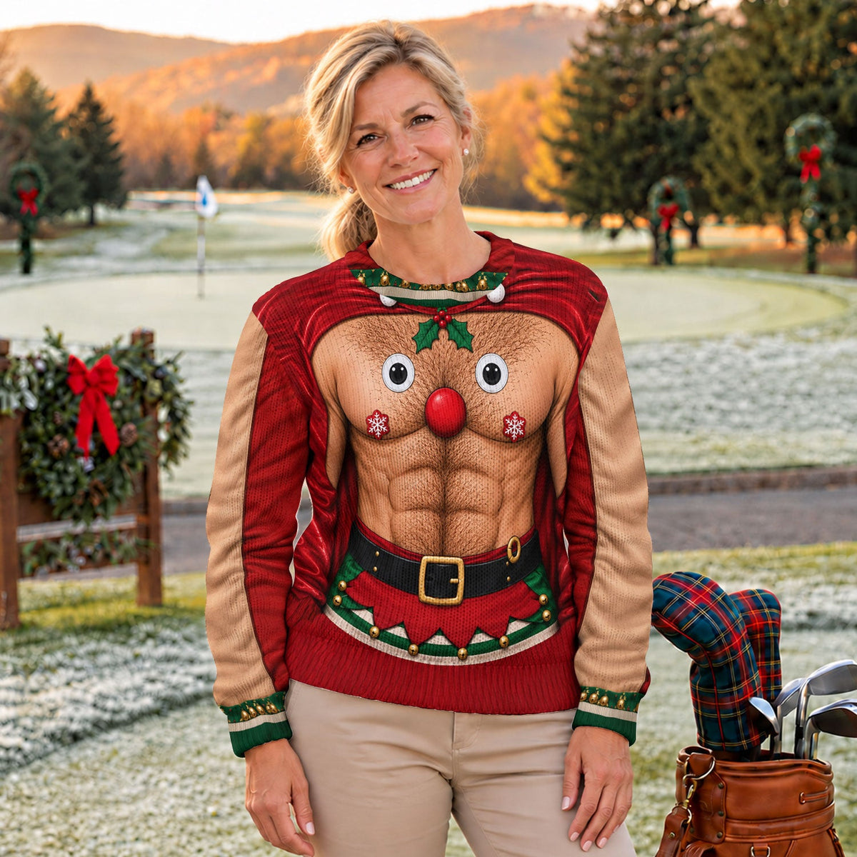 Reindeer Hairy Chest Abs Ugly Christmas Sweater, Christmas Gifts, Christmas Golf Gift