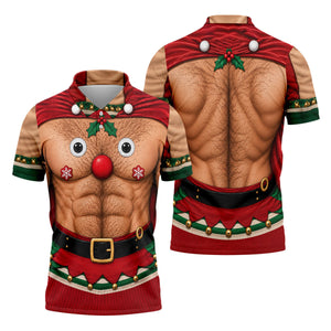 Reindeer Hairy Chest Abs Christmas Golf Shirt, Golf Shirts For Men, Mens Golf Shirts