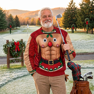 Reindeer Hairy Chest Abs Ugly Christmas Sweater, Christmas Gifts, Christmas Golf Gift