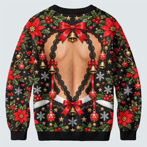 Poinsettia Busty Bells Ugly Christmas Sweater, Holiday Party Sweater, Funny Xmas Gift