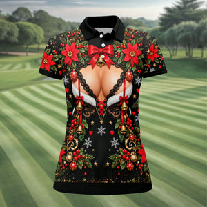 Poinsettia Busty Bells Christmas Golf Shirt, Ladies Golf Shirts, Womens Golf Clothing