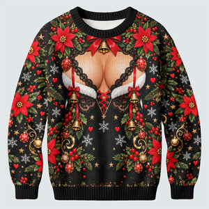 Poinsettia Busty Bells Ugly Christmas Sweater, Holiday Party Sweater, Funny Xmas Gift