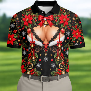 Poinsettia Busty Bells Christmas Golf Shirt, Mens Holiday Golf Shirts, Mens Golf Polo