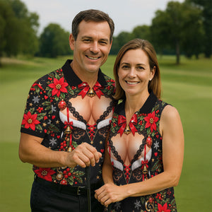 Poinsettia Busty Bells Christmas Golf Shirt, Mens Holiday Golf Shirts, Mens Golf Polo