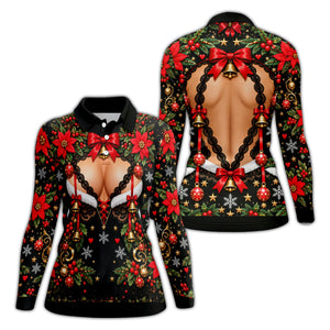 Poinsettia Busty Bells Christmas Golf Shirt, Ladies Golf Shirts, Womens Golf Clothing