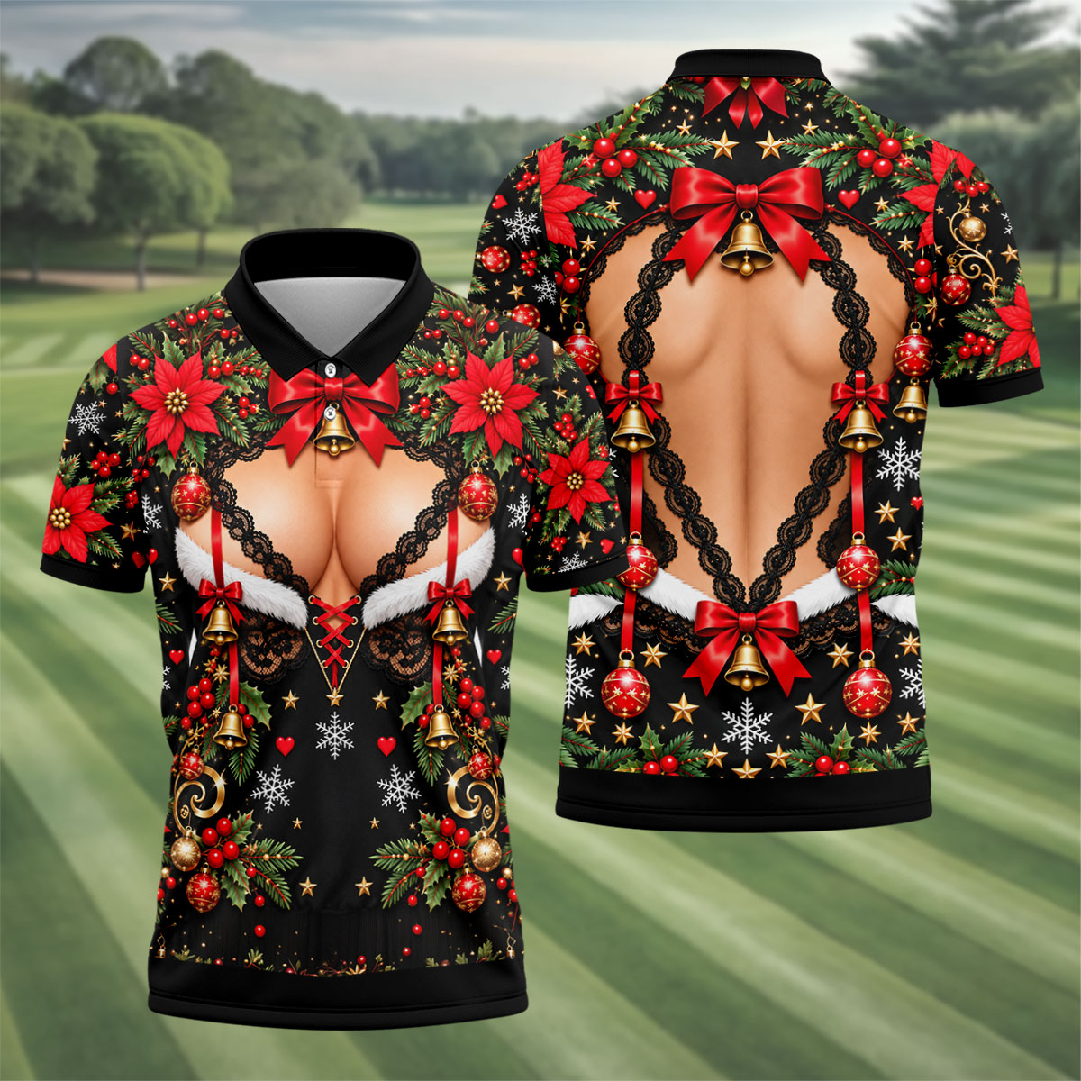 Poinsettia Busty Bells Christmas Golf Shirt, Mens Holiday Golf Shirts, Mens Golf Polo