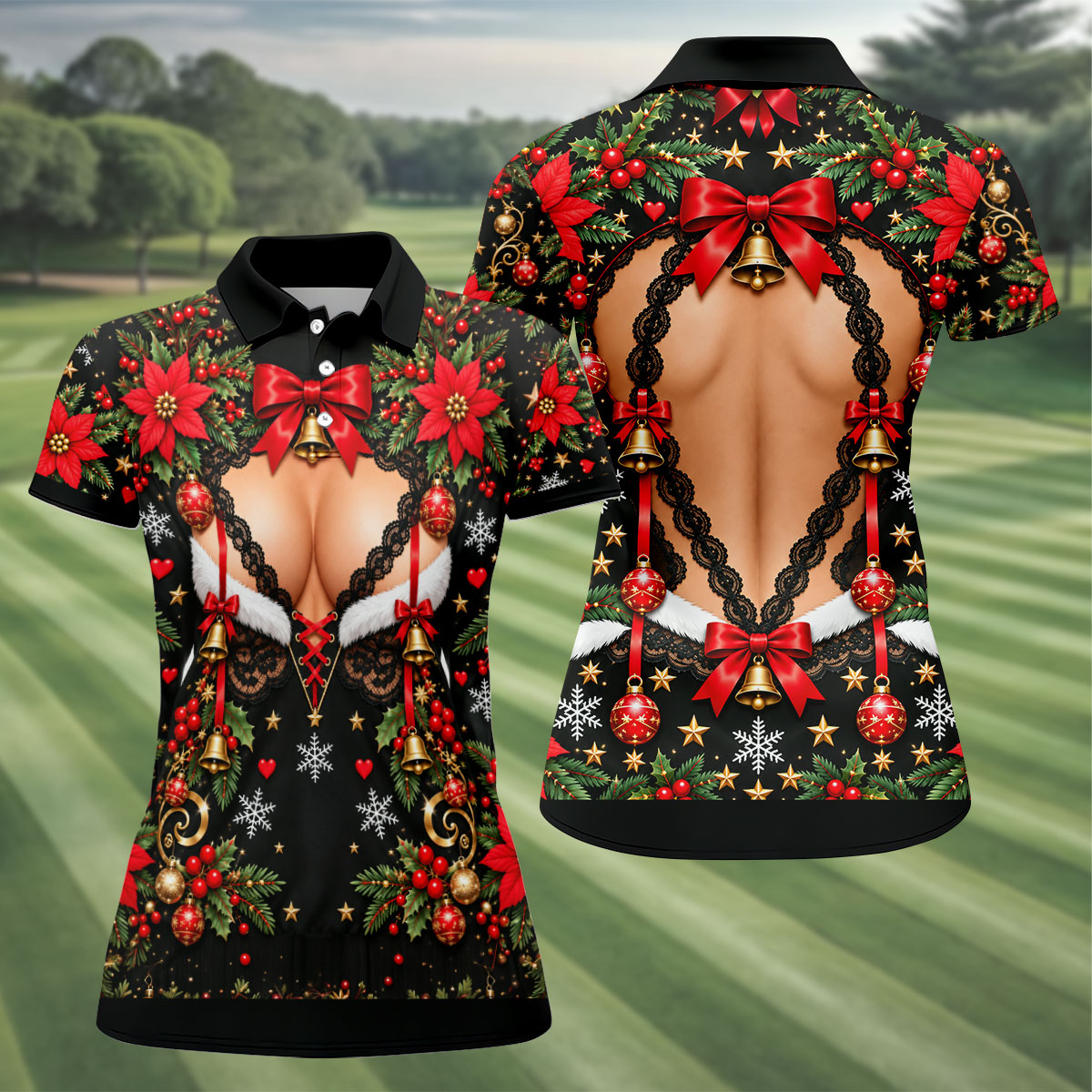 Poinsettia Busty Bells Christmas Golf Shirt, Ladies Golf Shirts, Womens Golf Clothing
