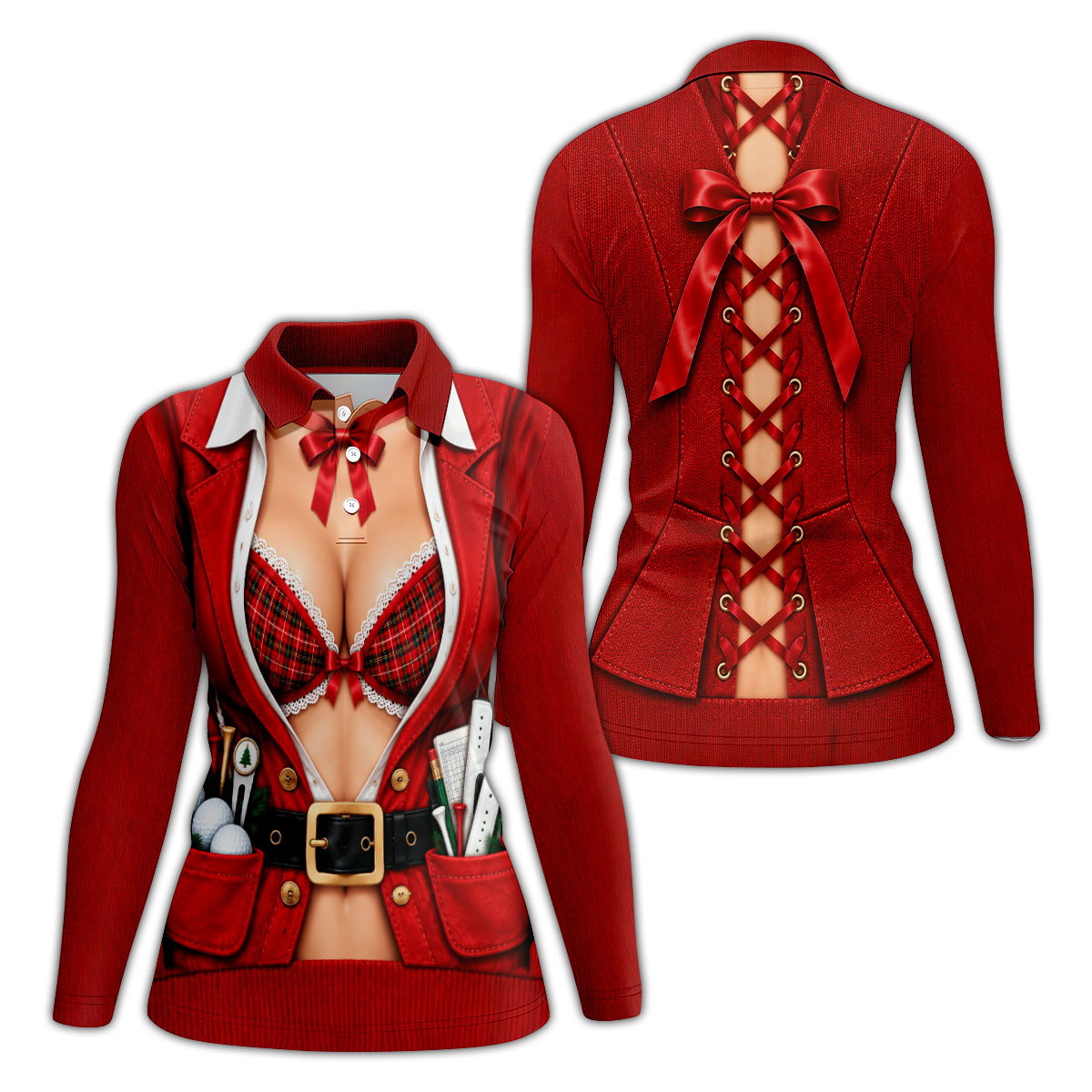 Plaid Bra Santa Suit Christmas Golf Shirt, Ladies Golf Apparel, Golf Shirts For Women