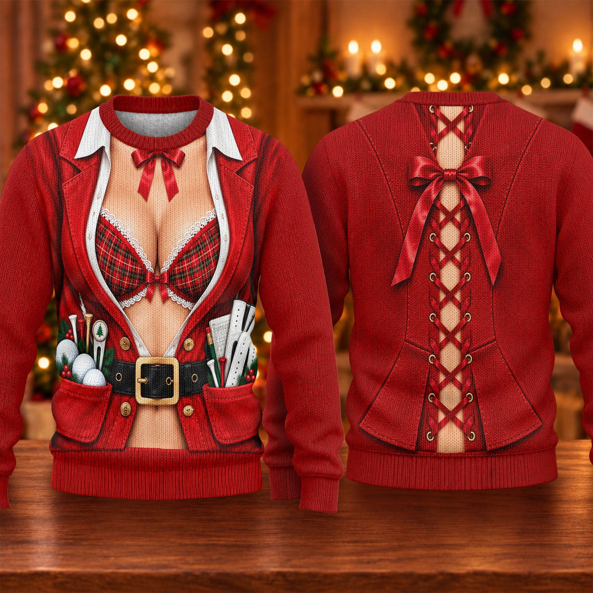 Plaid Bra Santa Suit Ugly Christmas Sweater, Christmas Golf Gift, Ugly Sweater Party