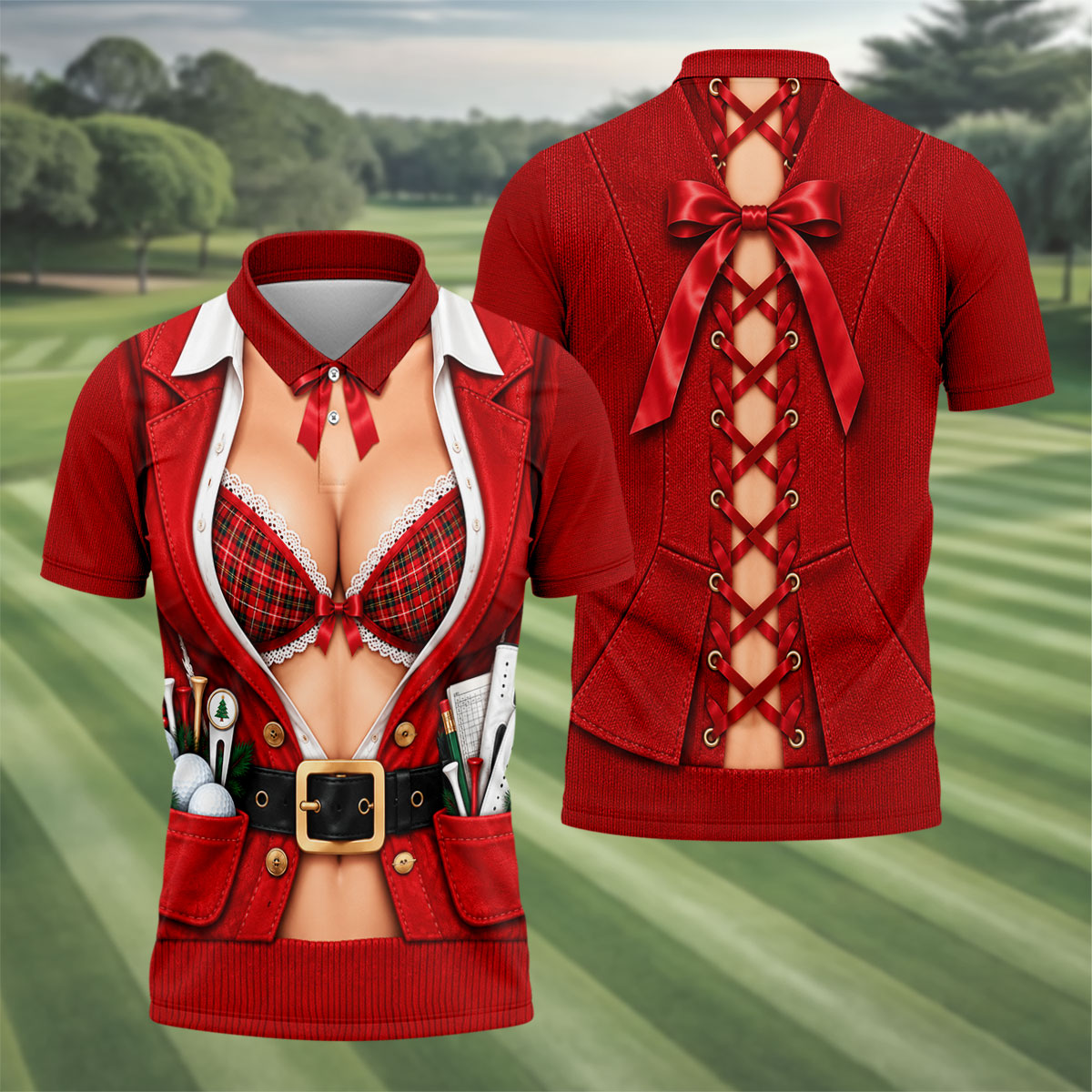 Plaid Bra Santa Suit Christmas Golf Shirt, Golf Gifts For Men, Mens Golf Clothing