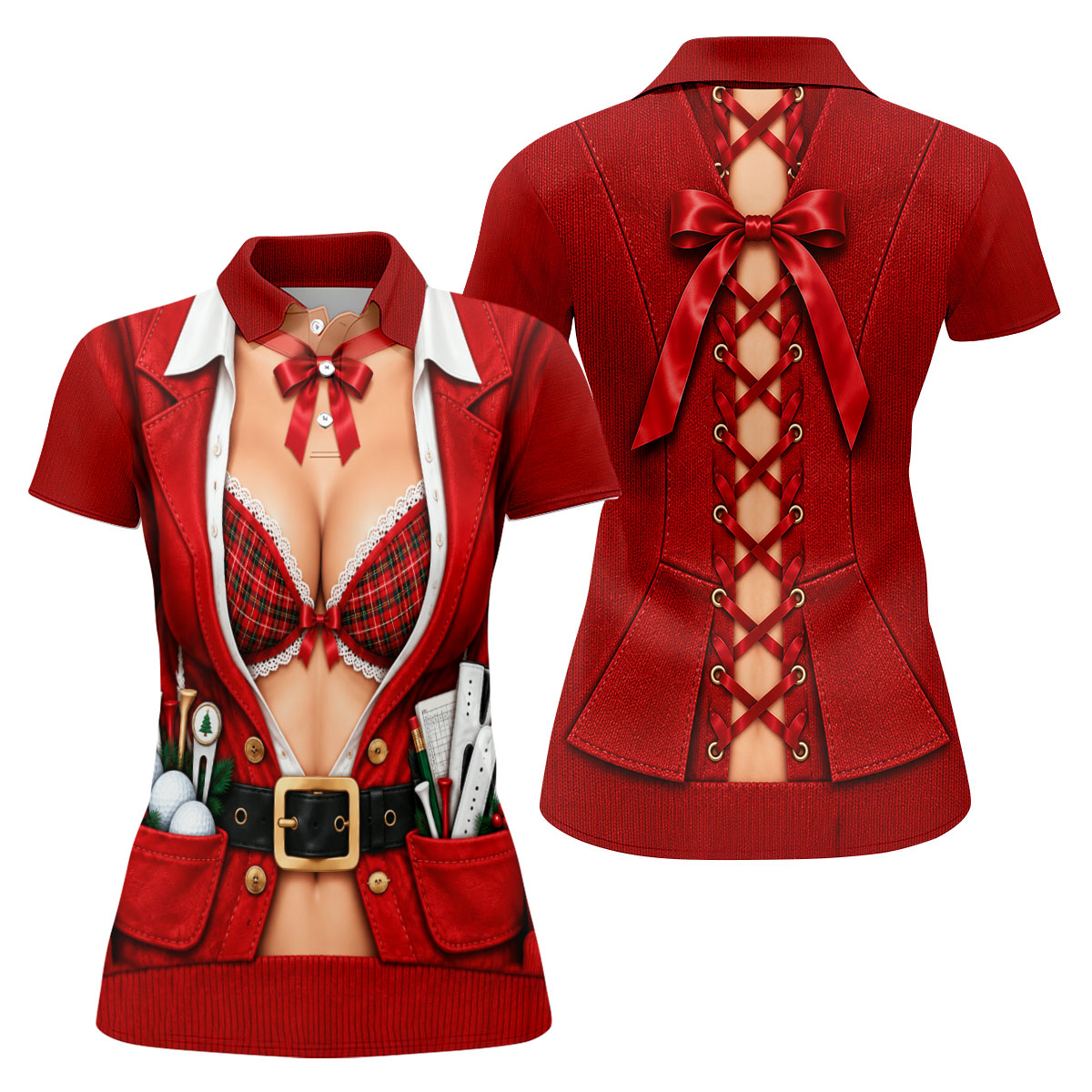 Plaid Bra Santa Suit Christmas Golf Shirt, Ladies Golf Apparel, Golf Shirts For Women