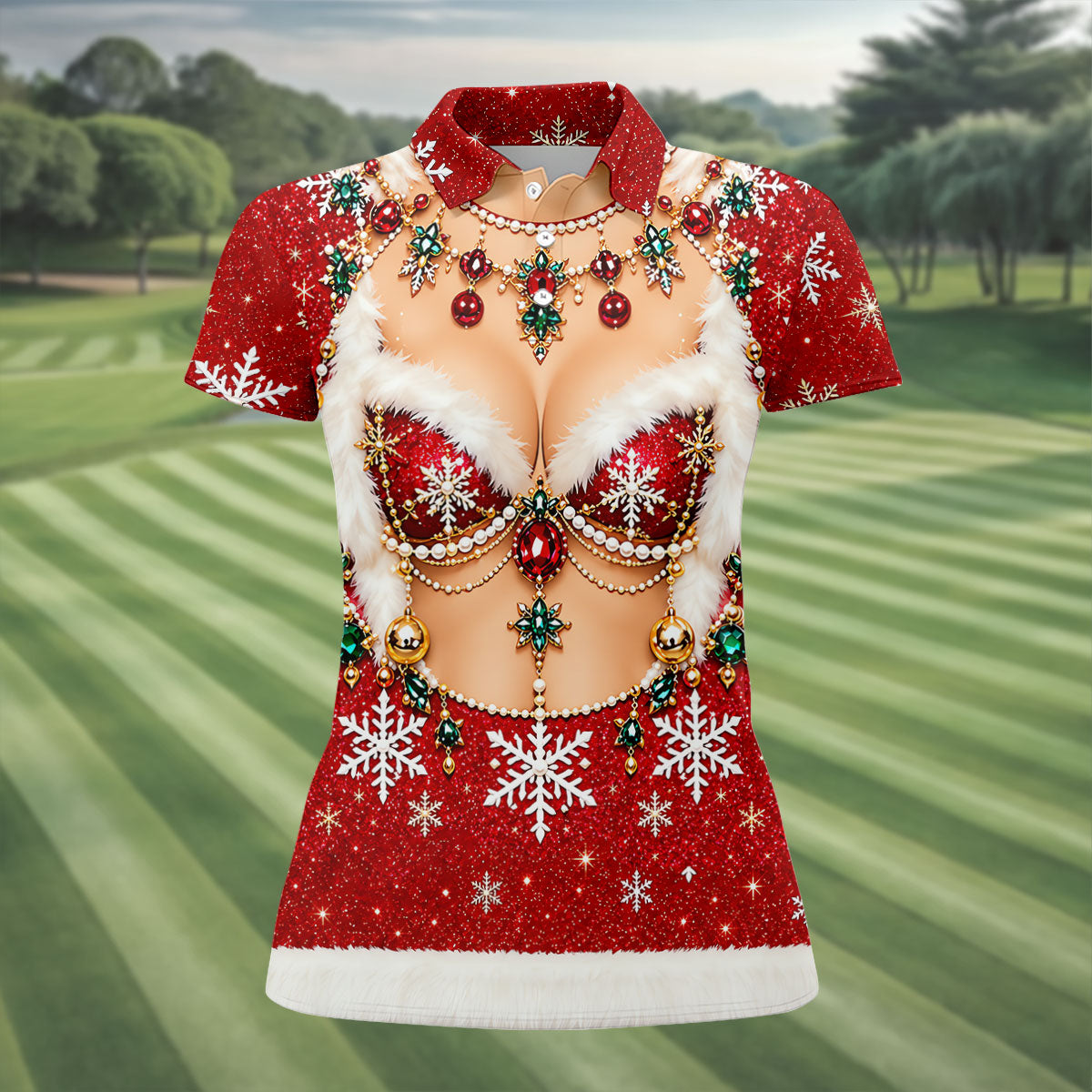 Jeweled Glitter Bra Christmas Golf Shirt, Womens Golf Apparel, Golf Shirts For Women