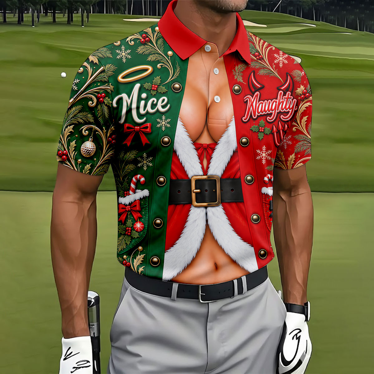 Nice Naughty Busty Santa Christmas Golf Shirt, Golf Polo For Men, Golf Gifts For Men